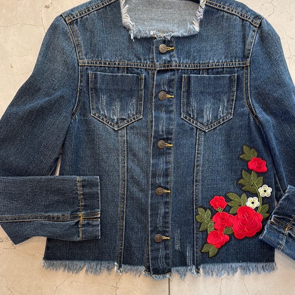Embroidered Denim Jacket with Floral Design - Picture 1 of 6